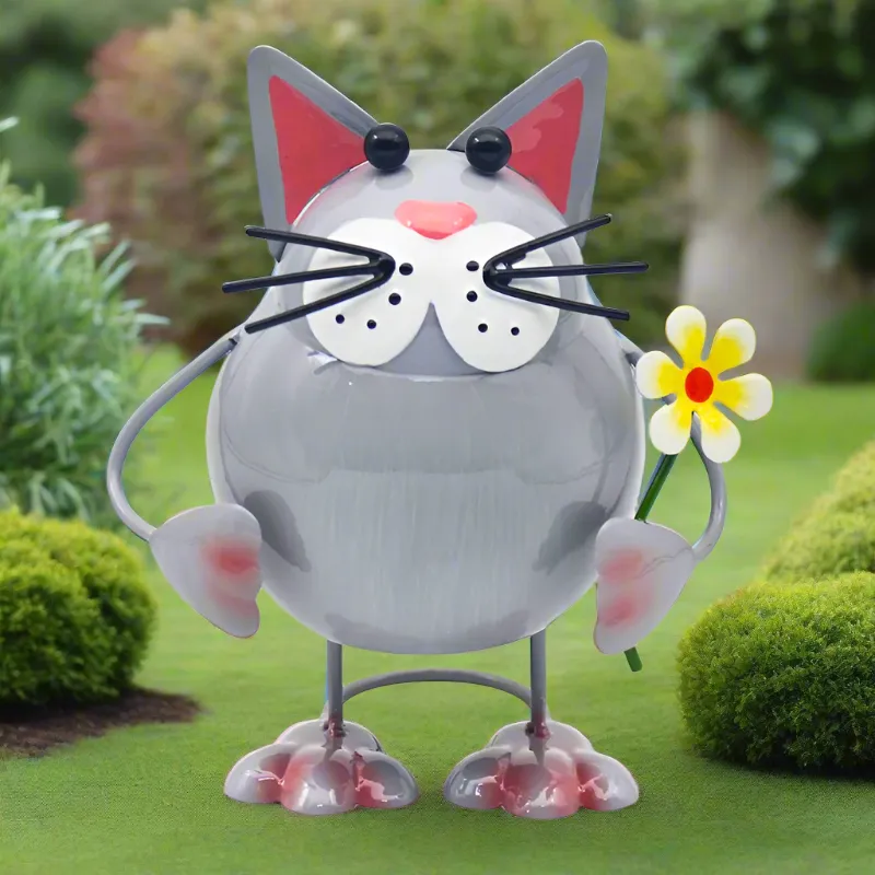 Short Grey Cat Holding Flower Metal Bobbin Cat Ornament