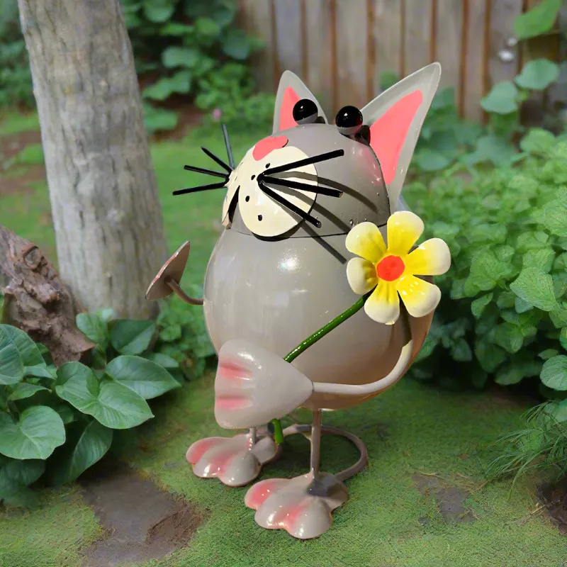 Short Grey Cat Holding Flower Metal Bobbin Cat Ornament