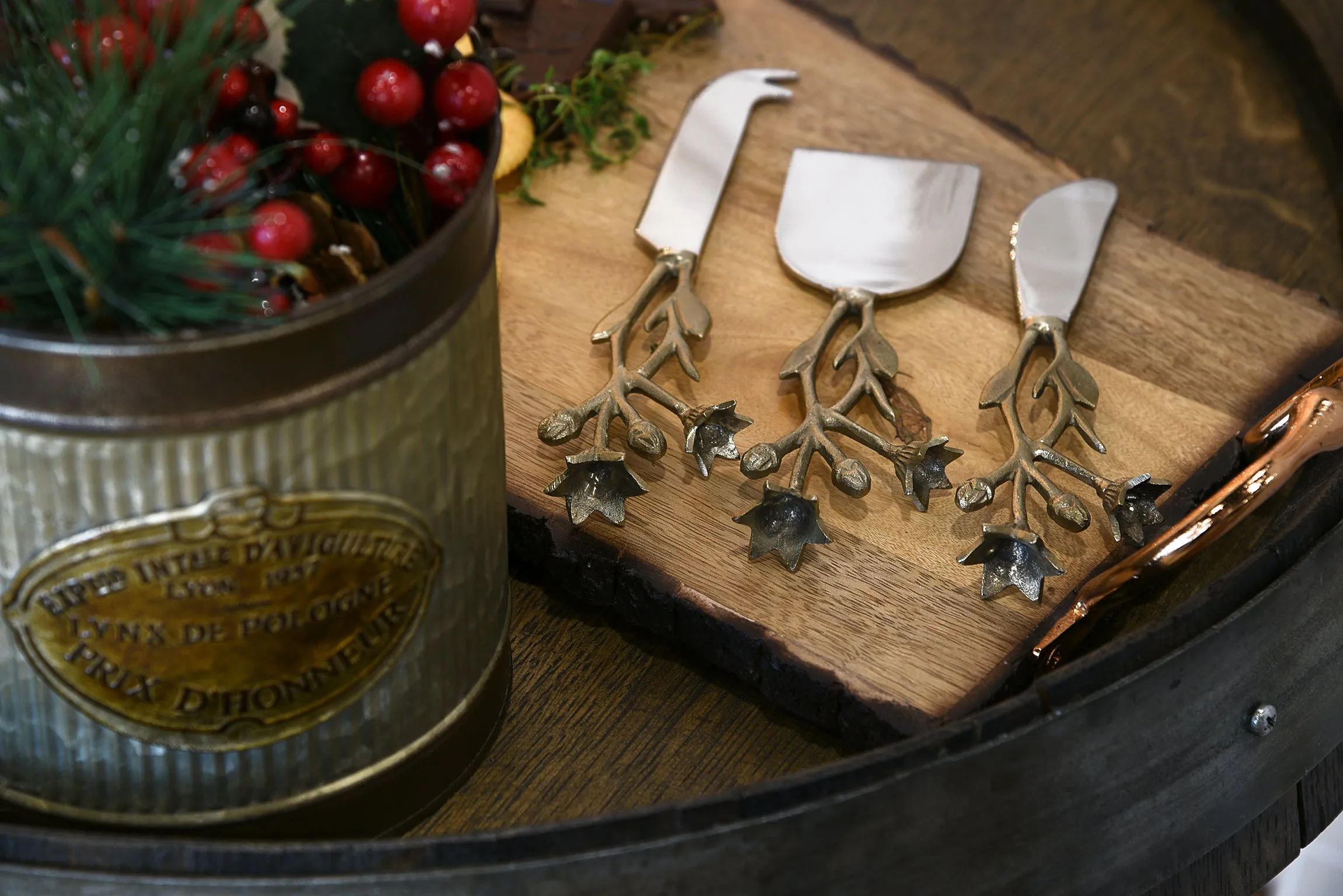 Stainless Steel & Brass Cheese Knives With Floral Handles