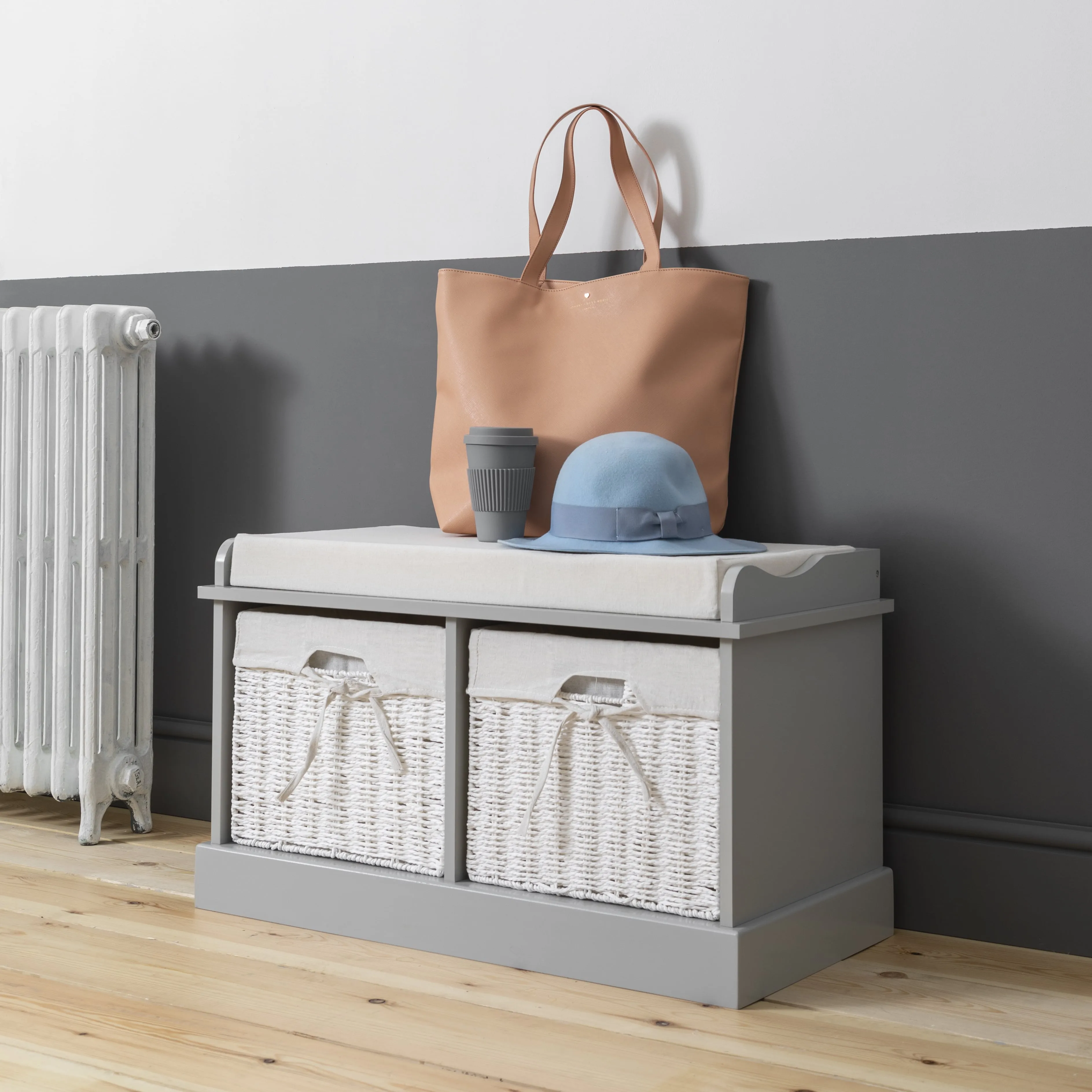 Stockholm Storage Bench with 2 Baskets in Silk Grey