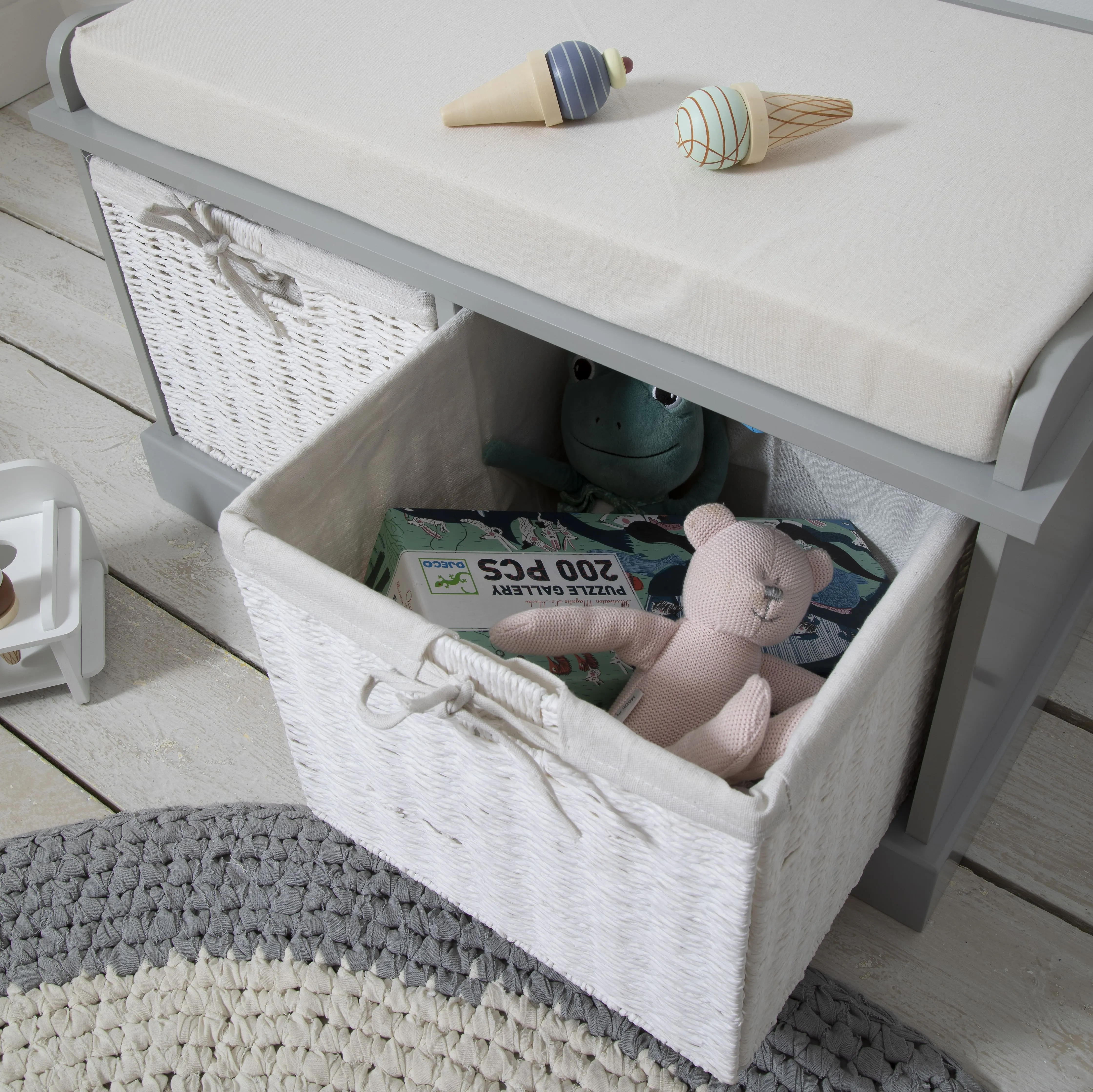 Stockholm Storage Bench with 2 Baskets in Silk Grey