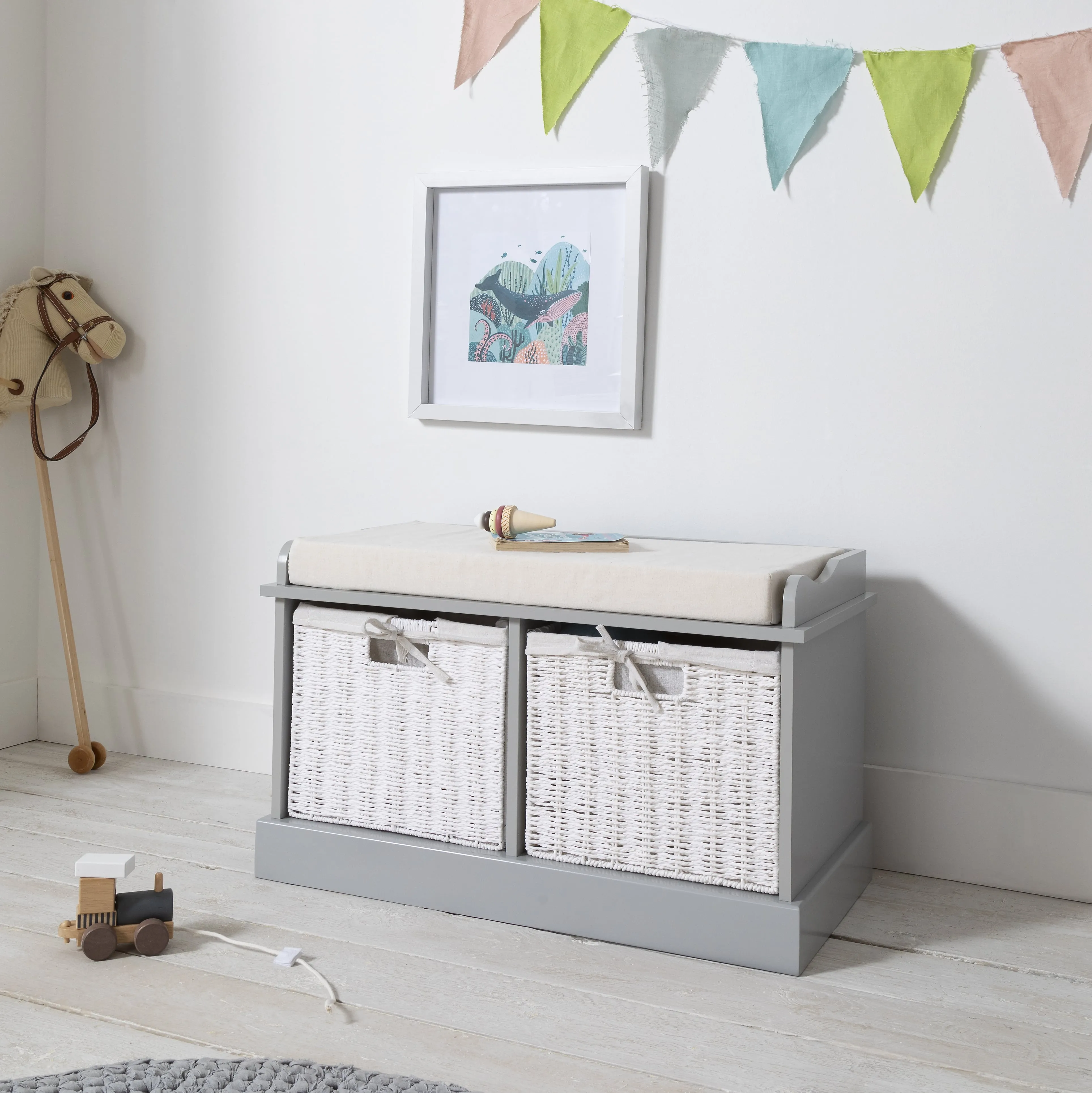 Stockholm Storage Bench with 2 Baskets in Silk Grey