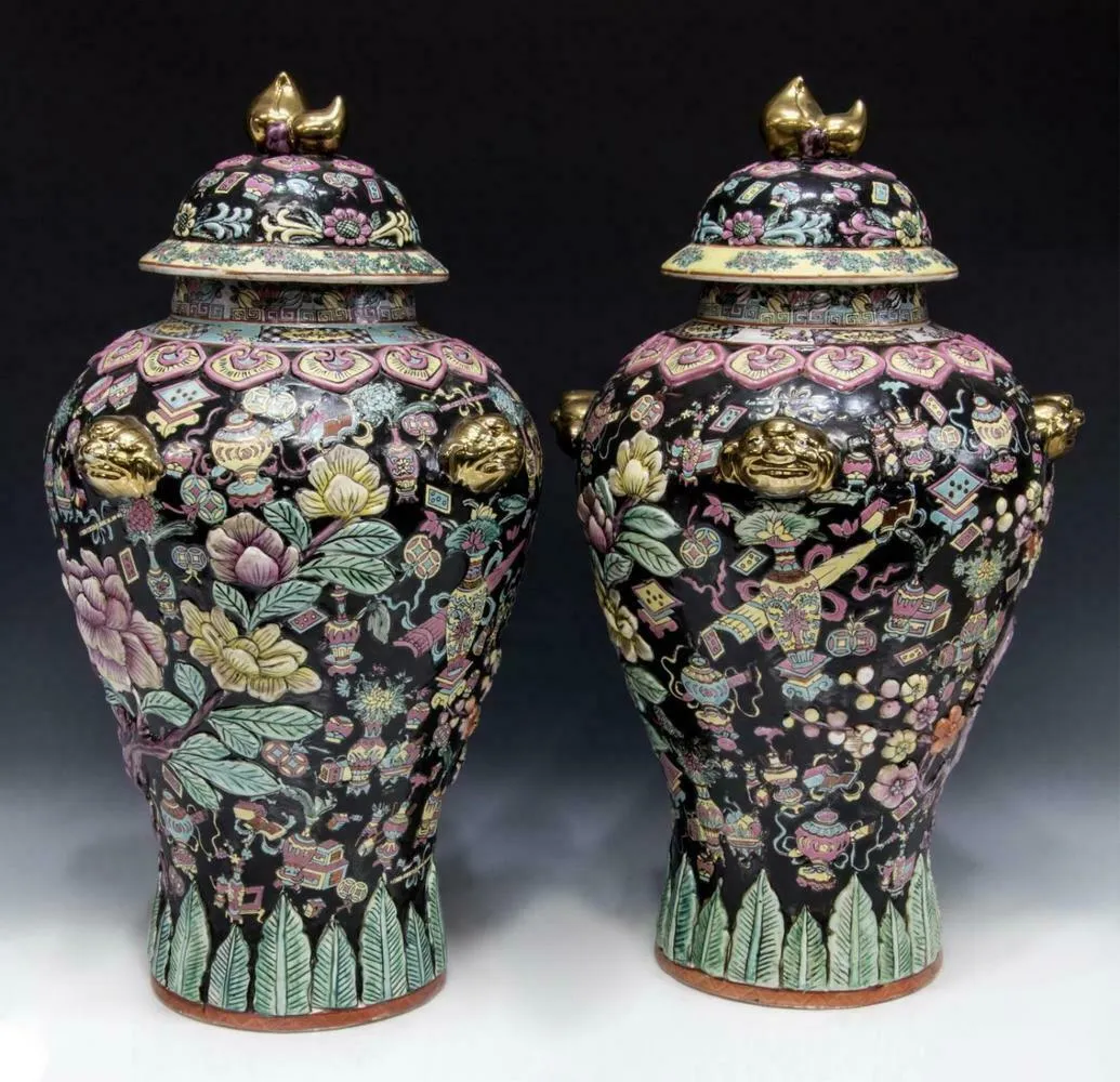 Temple Jars, Chinese Famille, Pair, Noir Porcelain, Stunning!