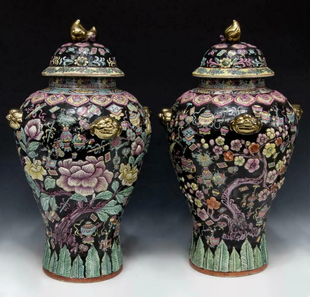 Temple Jars, Chinese Famille, Pair, Noir Porcelain, Stunning!