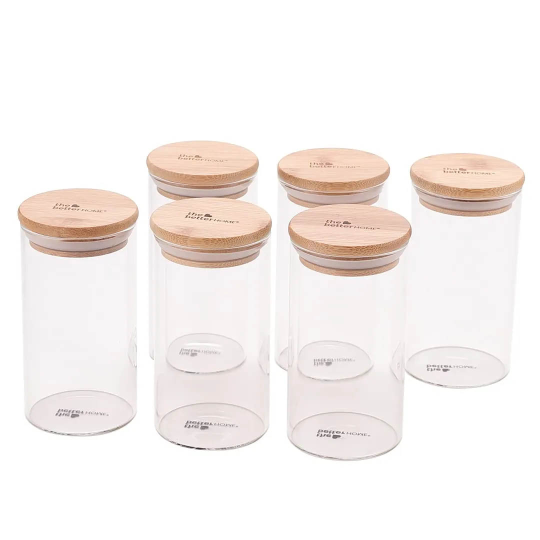 The Better Home Pack of 6 Kitchen Accessories Item with Bamboo Lid I Transparent Airtight Borosilicate Kitchen Containers Set | Glass Jars for Cookies Snacks Tea Coffee Sugar | 300 ml Each