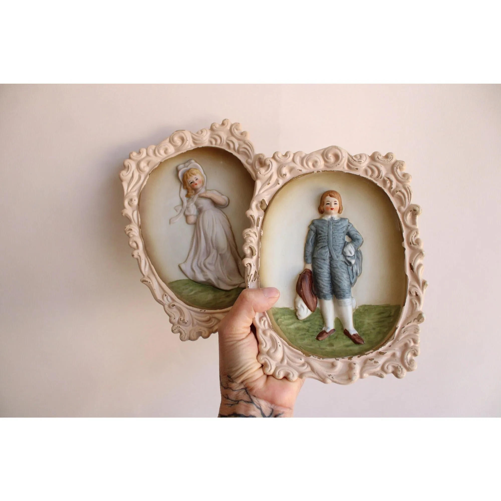 Vintage 1950s Bas Relief Framed Girl & Boy Wall Art