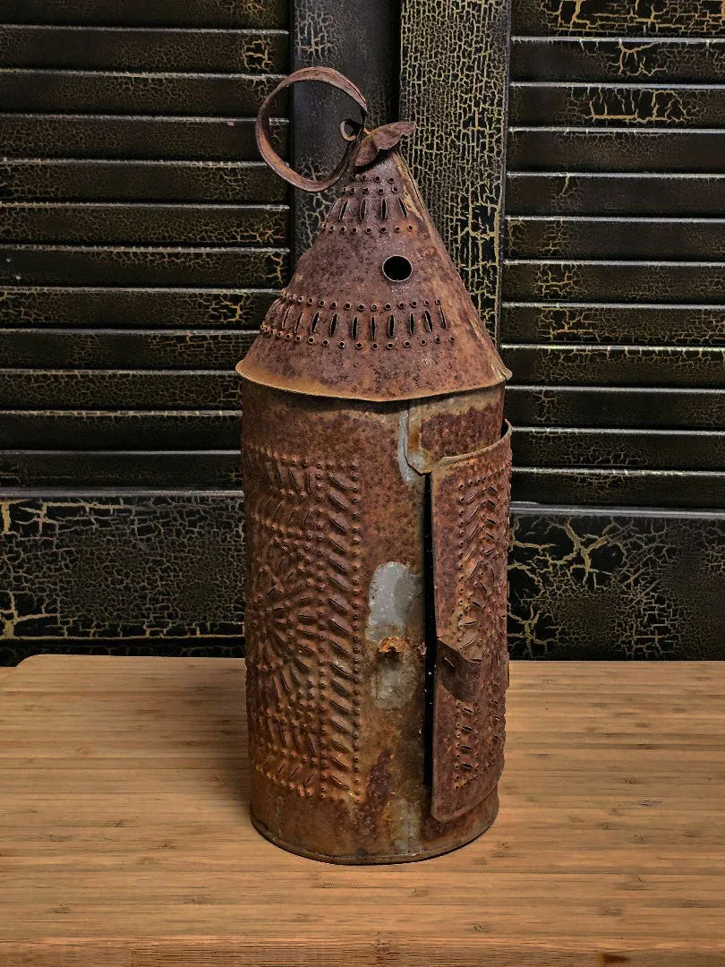 VINTAGE 1965 PIERCED METAL LANTERN FOR CANDLE HANDMADE IN SAN FRANCISCO