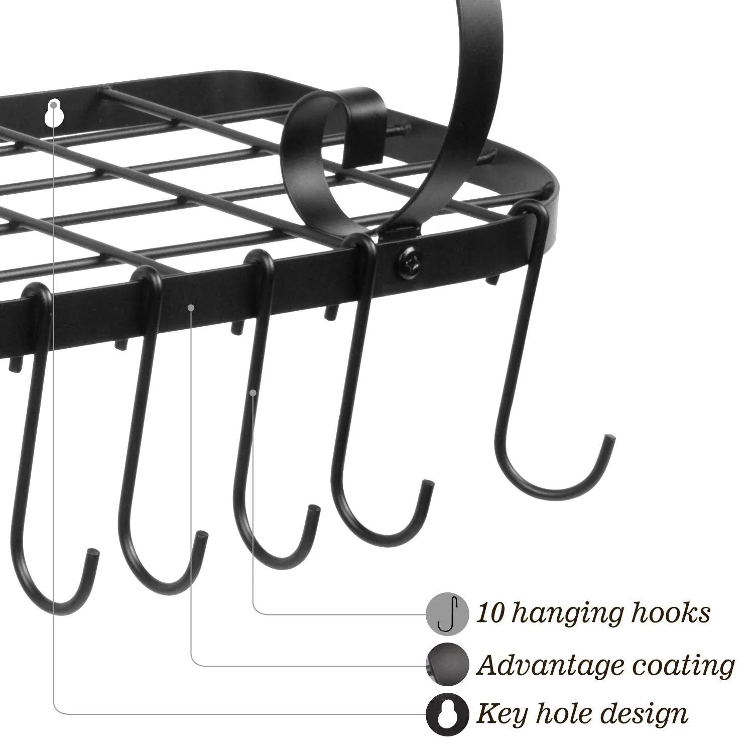 Wall Mount Pot Pan Rack, Kitchen Cookware Storage Organizer, 24 By 10 In With 10 Hooks