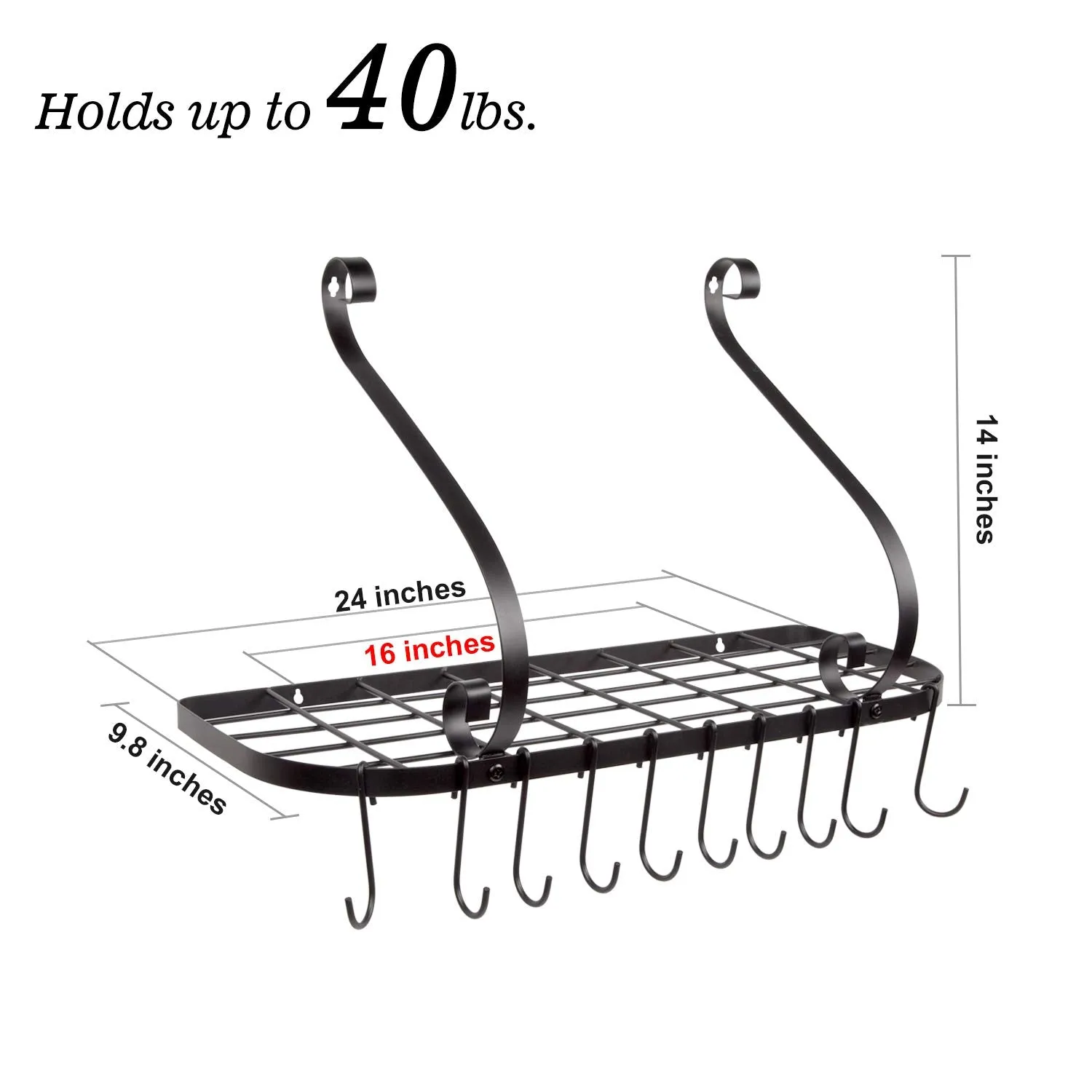 Wall Mount Pot Pan Rack, Kitchen Cookware Storage Organizer, 24 By 10 In With 10 Hooks