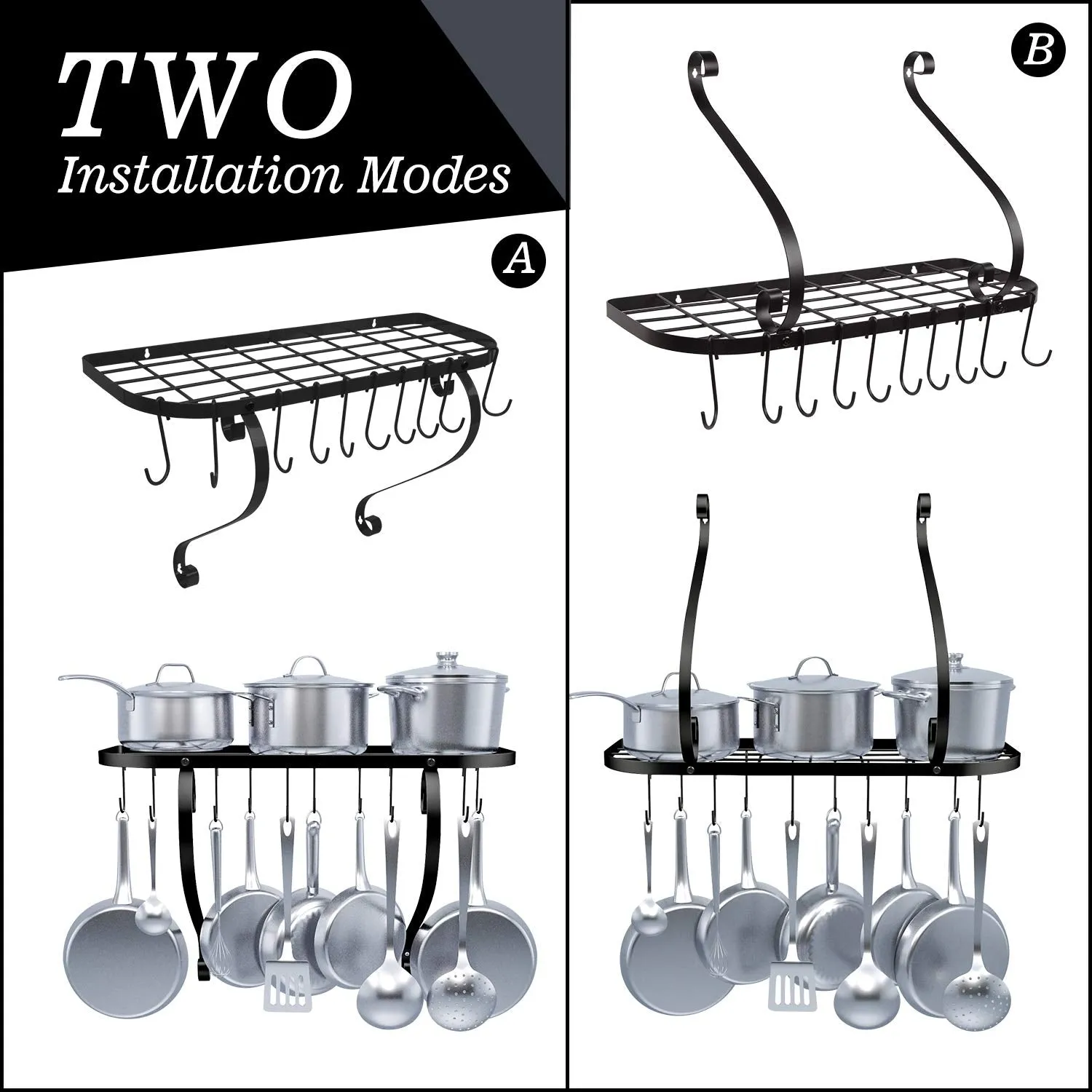 Wall Mount Pot Pan Rack, Kitchen Cookware Storage Organizer, 24 By 10 In With 10 Hooks