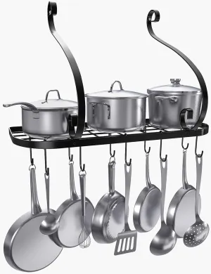 Wall Mount Pot Pan Rack, Kitchen Cookware Storage Organizer, 24 By 10 In With 10 Hooks