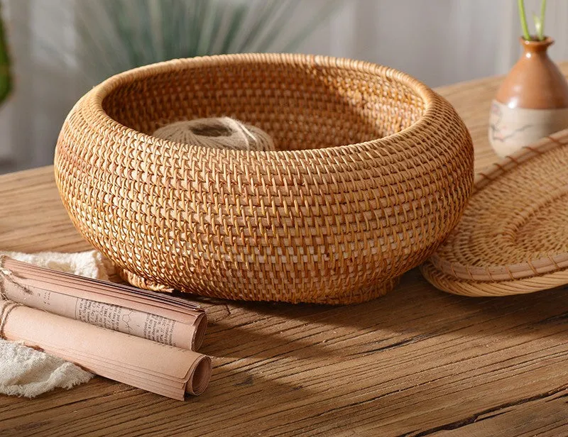 Woven Storage Basket for Kitchen, Round Storage Basket, Rattan Baskets, Small Storage Baskets, Handmade Storage Baskets, Round Storage Basket with Lid