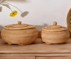 Woven Storage Basket for Kitchen, Round Storage Basket, Rattan Baskets, Small Storage Baskets, Handmade Storage Baskets, Round Storage Basket with Lid