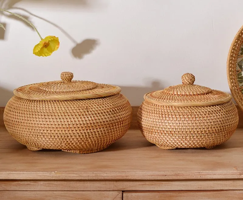 Woven Storage Basket for Kitchen, Round Storage Basket, Rattan Baskets, Small Storage Baskets, Handmade Storage Baskets, Round Storage Basket with Lid